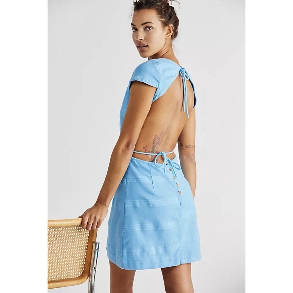 Free People Women’s XS Meika Open Back Linen Blend Mini Dress Blue Boho